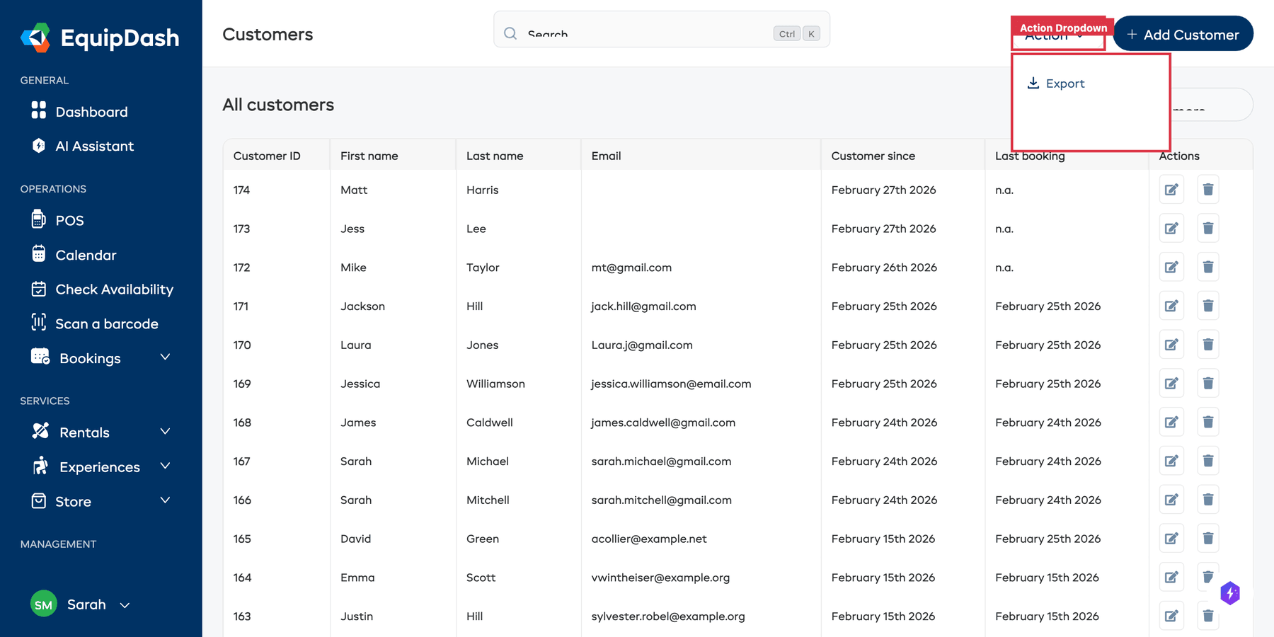 The Action dropdown on the Customers page showing the Export and Import customers options