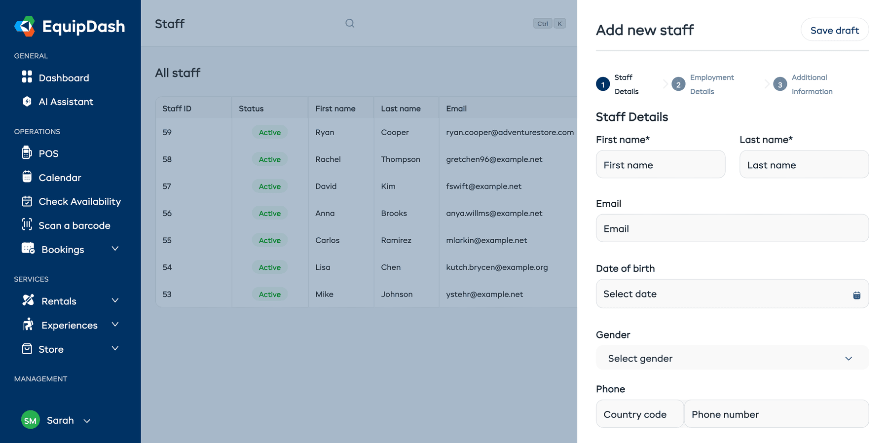 Add staff panel Step 1 showing the Staff Details form with name, email, and contact fields highlighted