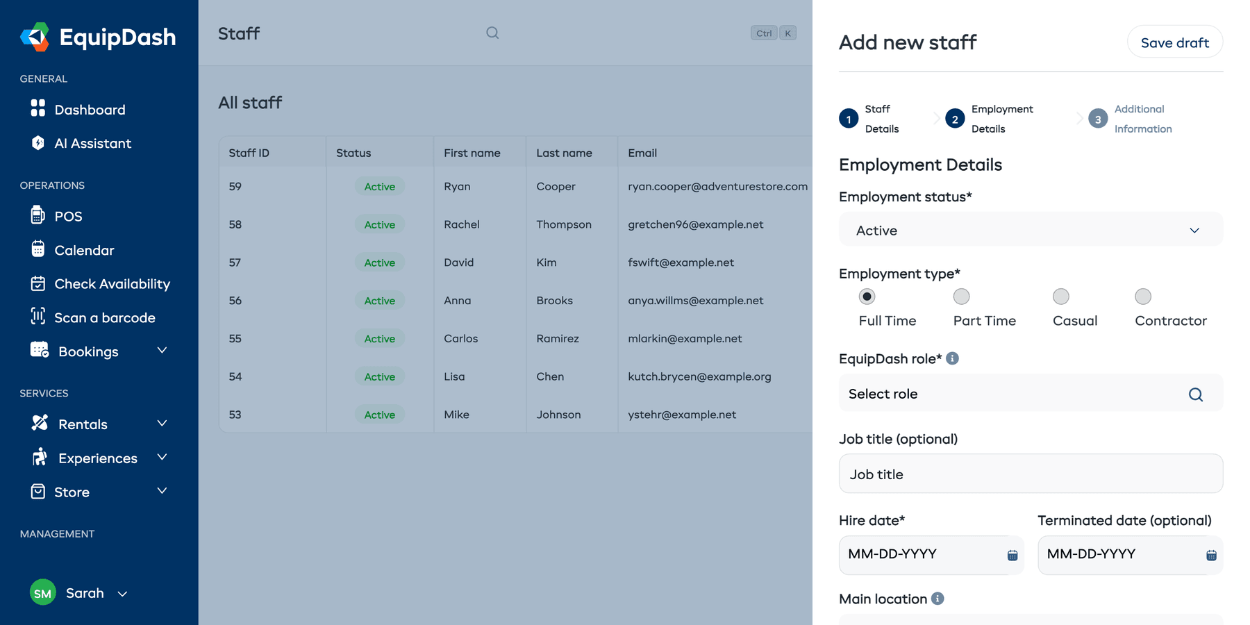 Add staff panel Step 2 showing Employment Details form with status, type, role, and location fields