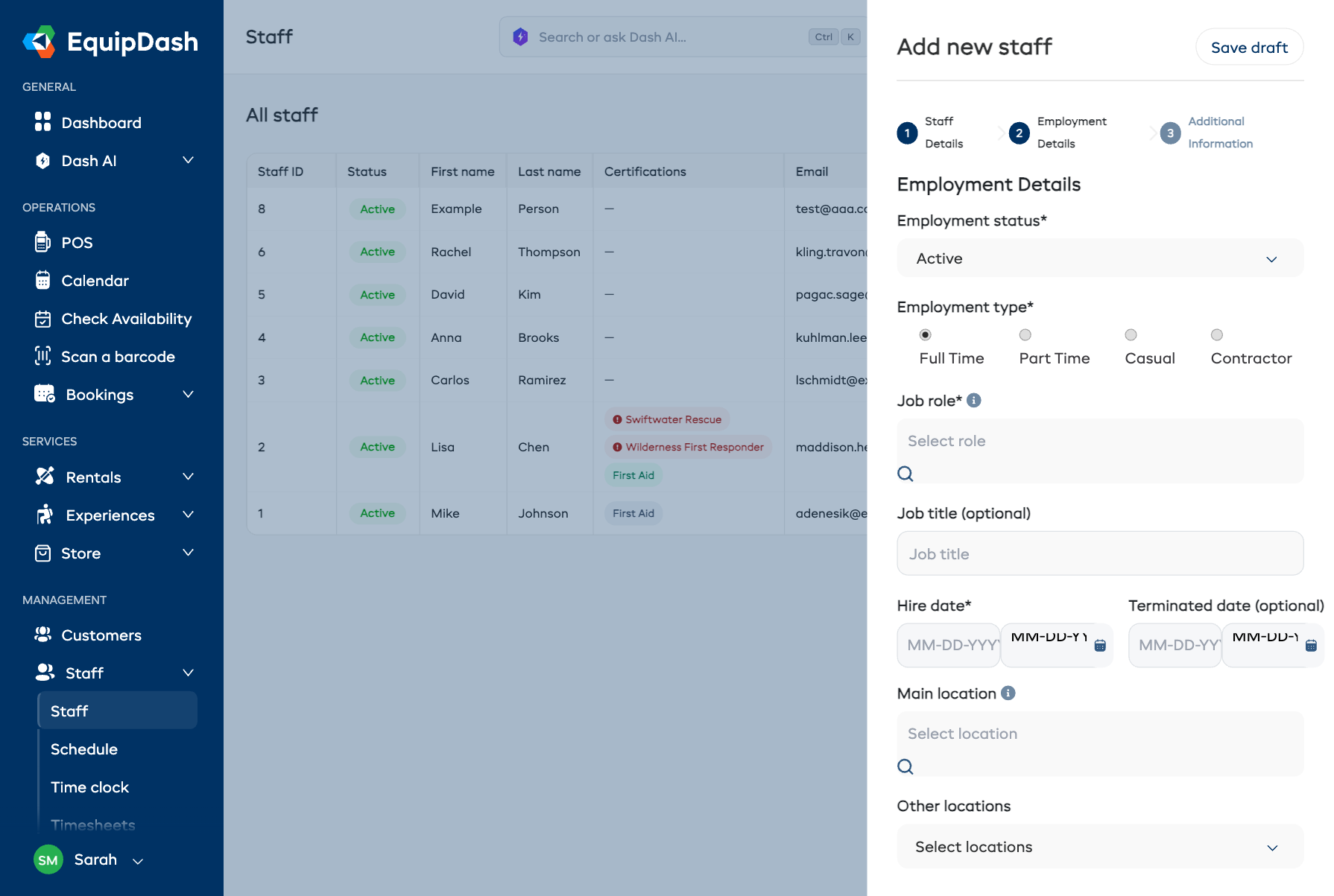 Add staff panel Step 2 showing Employment Details form with status, type, role, and location fields
