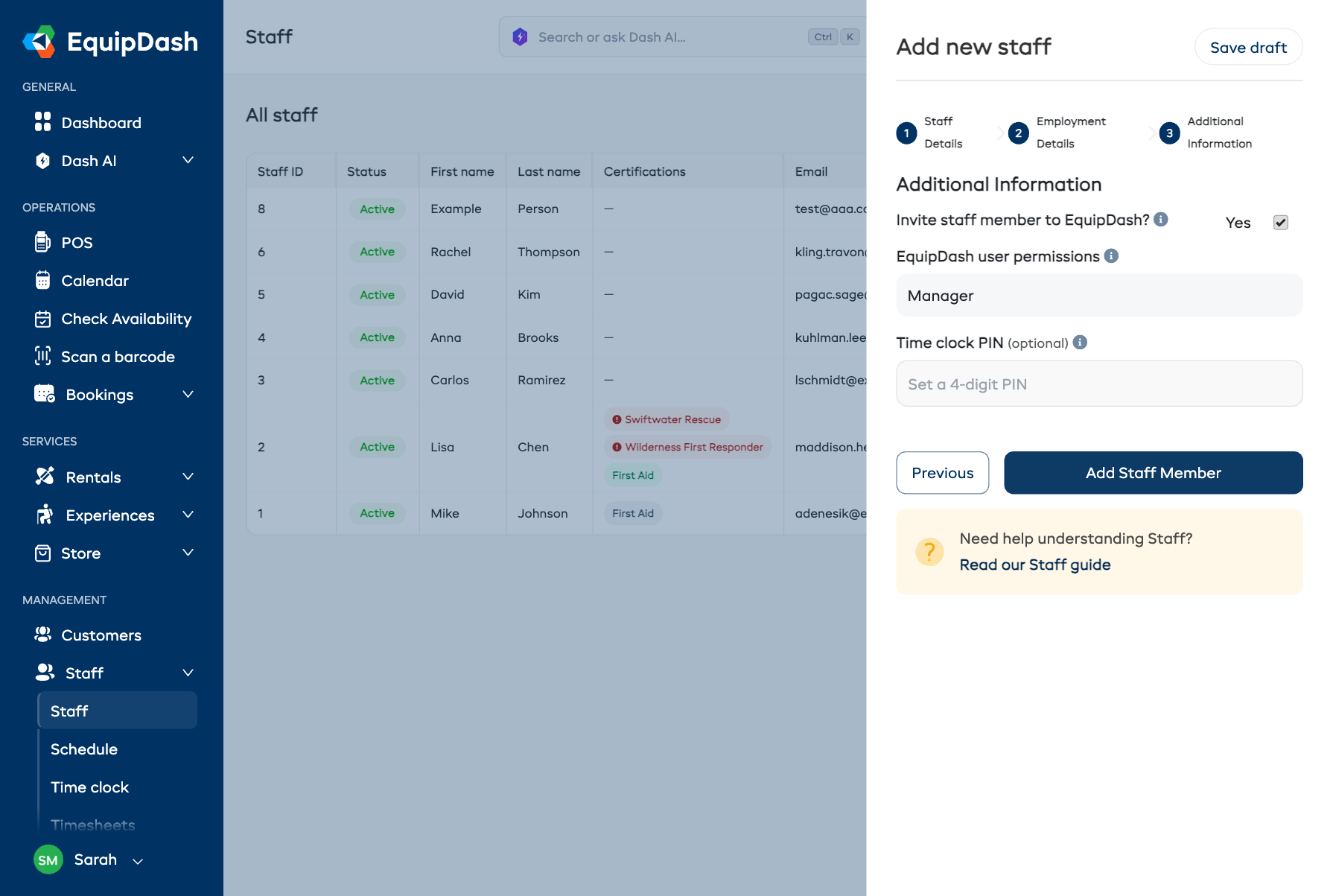 Add staff panel Step 3 showing Additional Information with invite toggle, profile picture, and notes