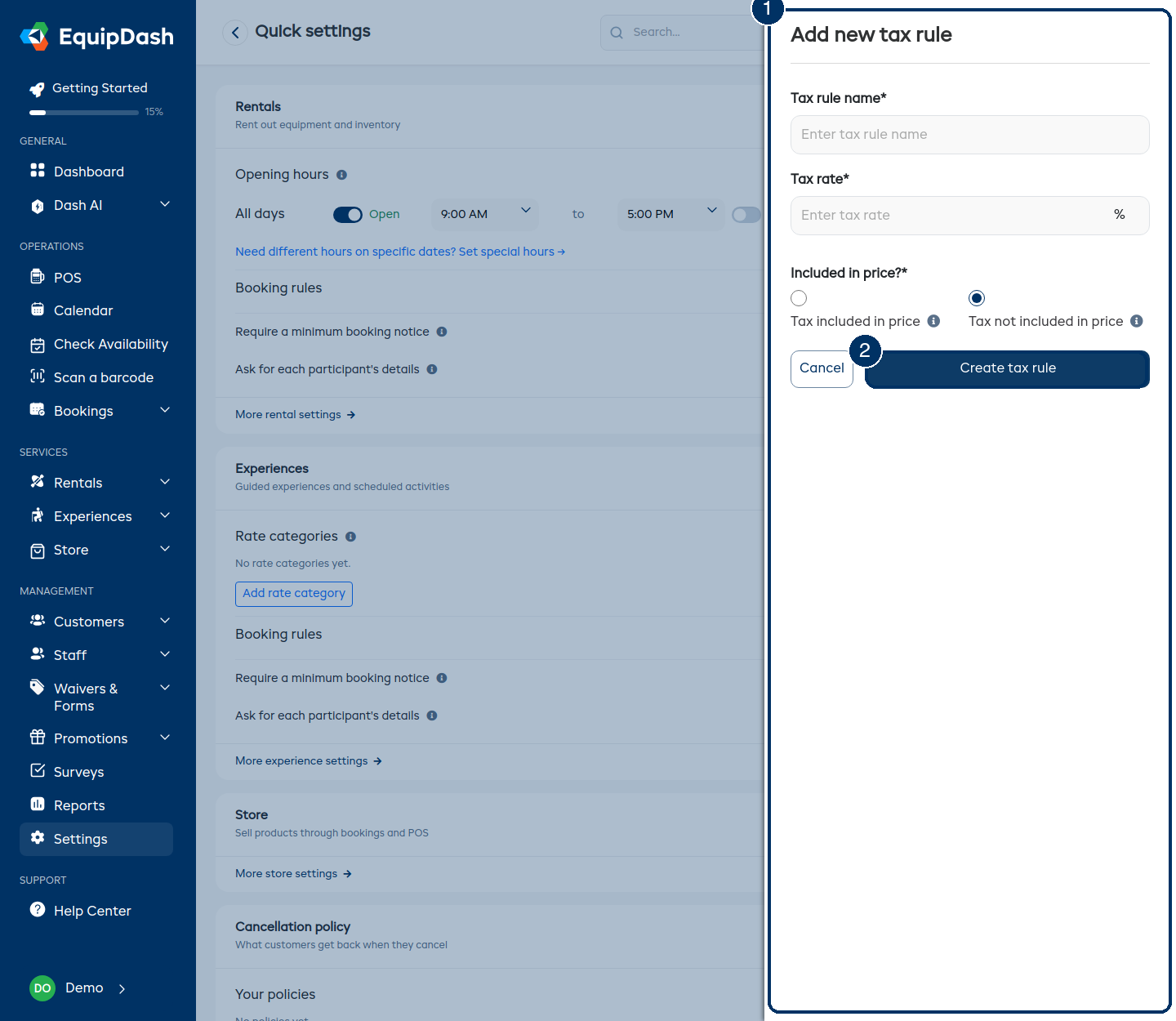 The Add tax rate panel, which slides in from the right of Quick settings