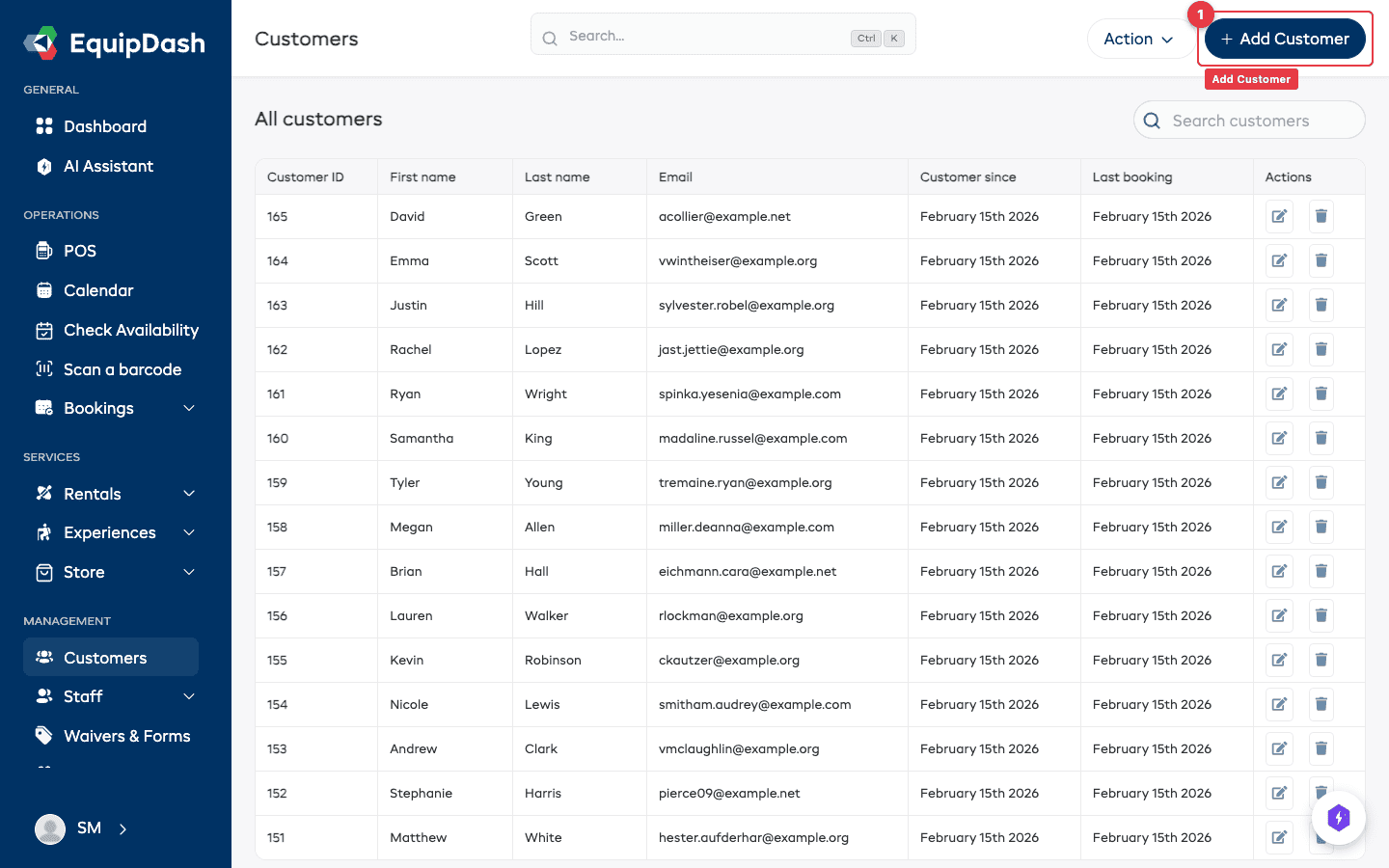 The Customers page with the Add Customer button in the top-right corner
