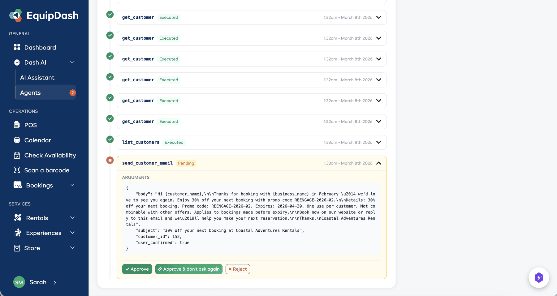 A run detail view showing a pending action with Approve and Reject buttons