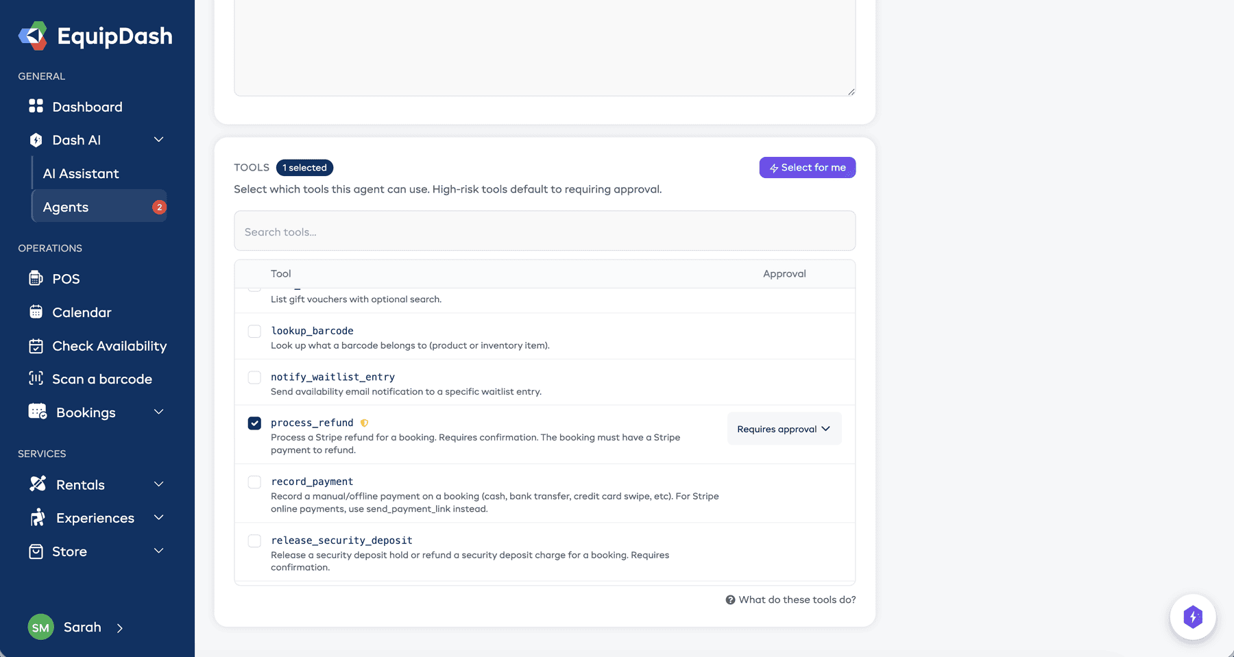 The tools section showing selected tools with approval mode toggles set to Auto or Approval Required