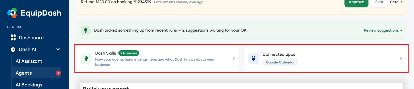 The Dash Skills card on the Agents page, showing how many suggestions are waiting