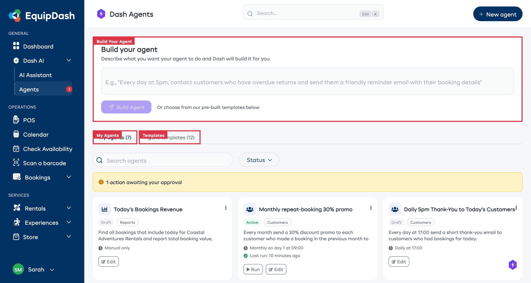 The Dash Agents page showing the Build Your Agent section with description input and Build Agent button