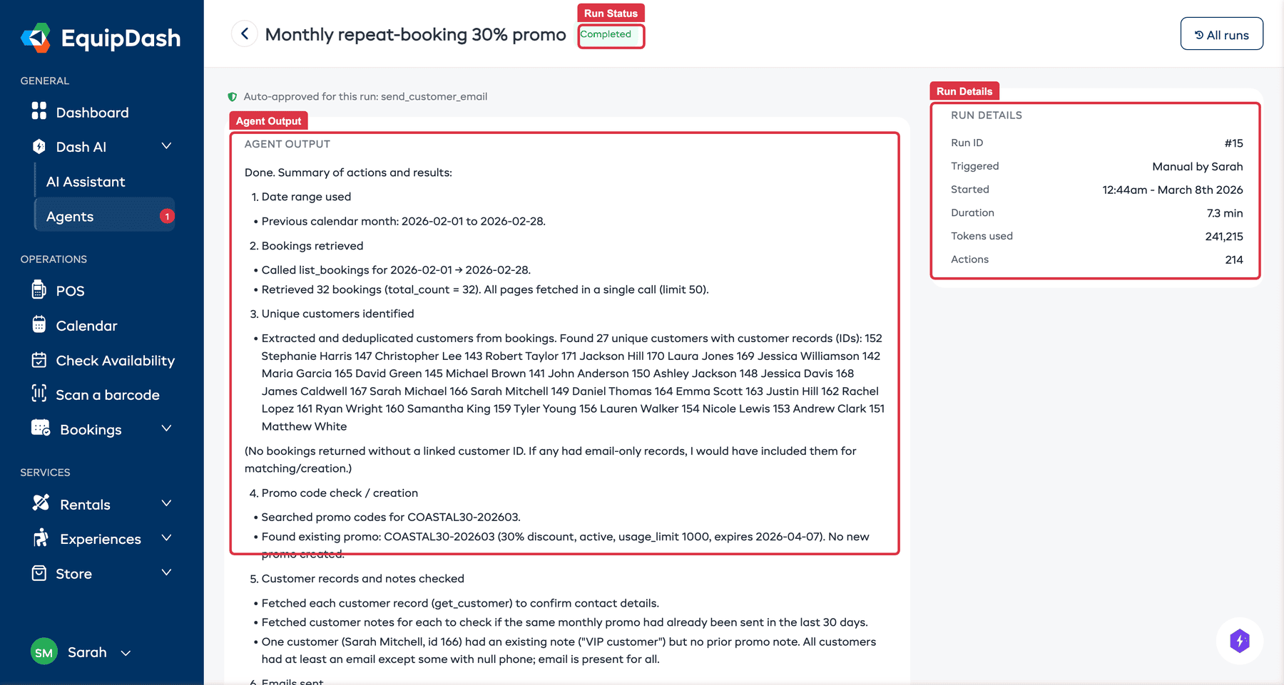 The run detail panel showing the summary, run information, and a list of actions taken