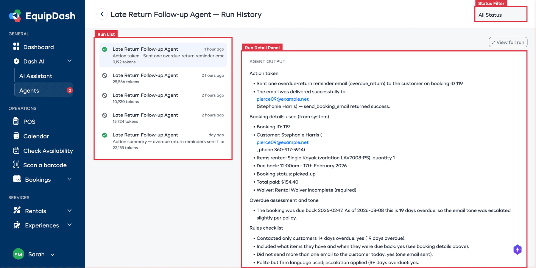The agent run history page showing a list of runs with statuses and a selected run's details