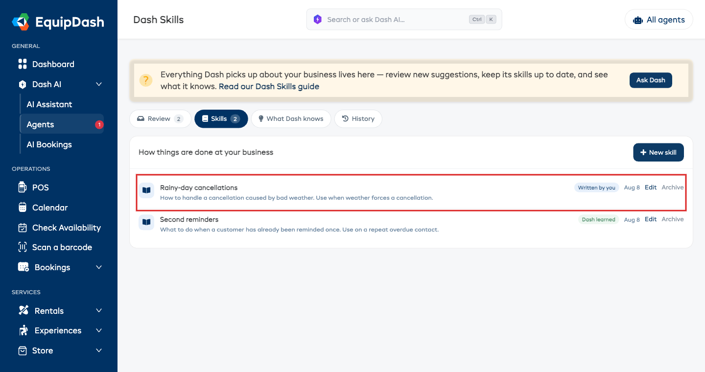 The Skills tab, listing each skill with a Dash learned or Written by you tag