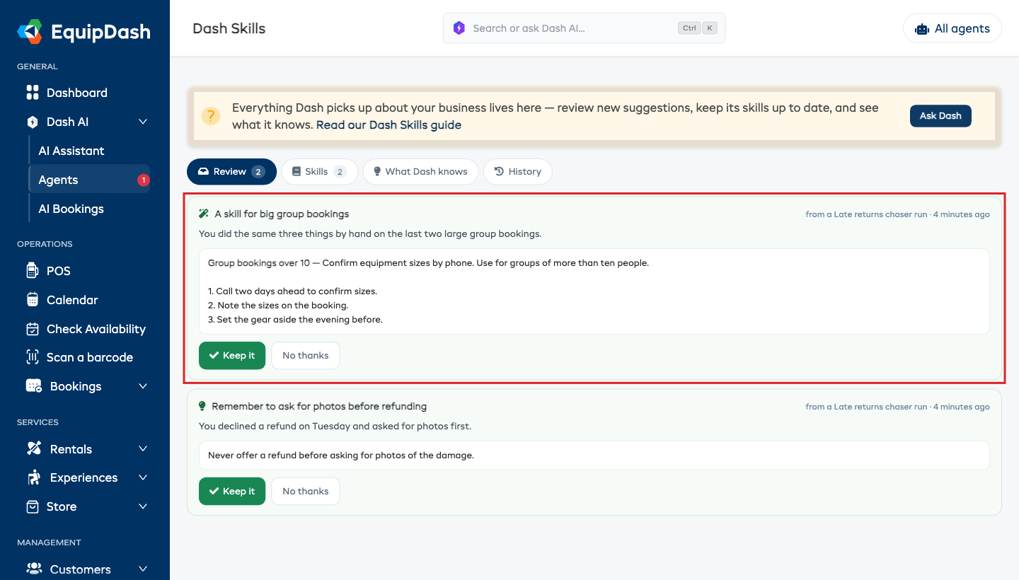 The Review tab, with each suggestion written in plain English and Keep it / No thanks buttons