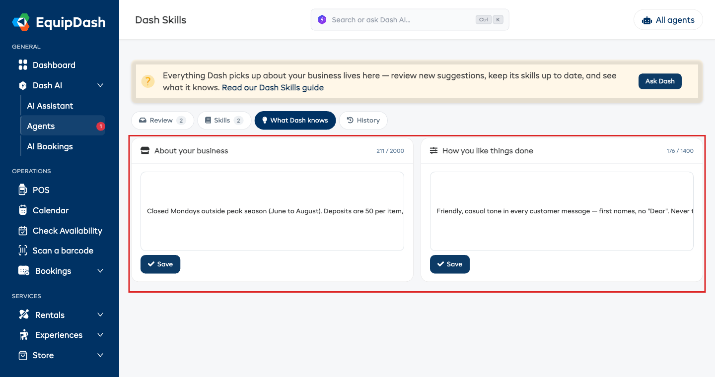 The What Dash knows tab, with the About your business and How you like things done cards