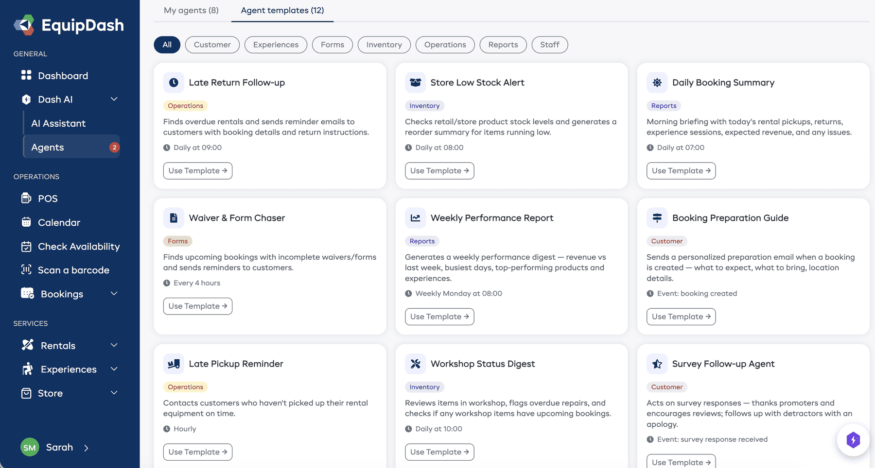The Templates tab showing template cards with names, descriptions, and Use Template buttons