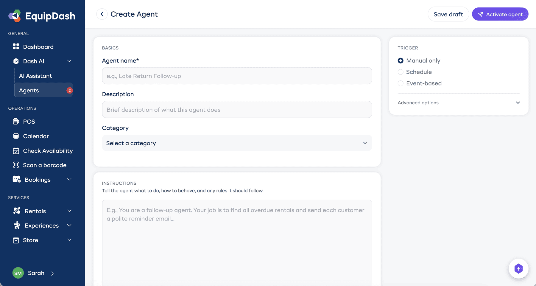 The tools section of the Agent Builder showing selected tools with approval mode toggles