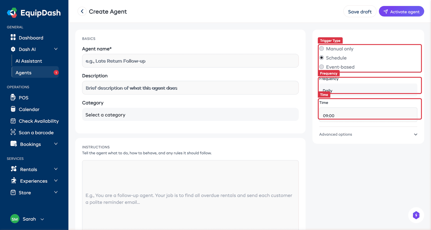The schedule trigger configuration showing frequency, time, and day options
