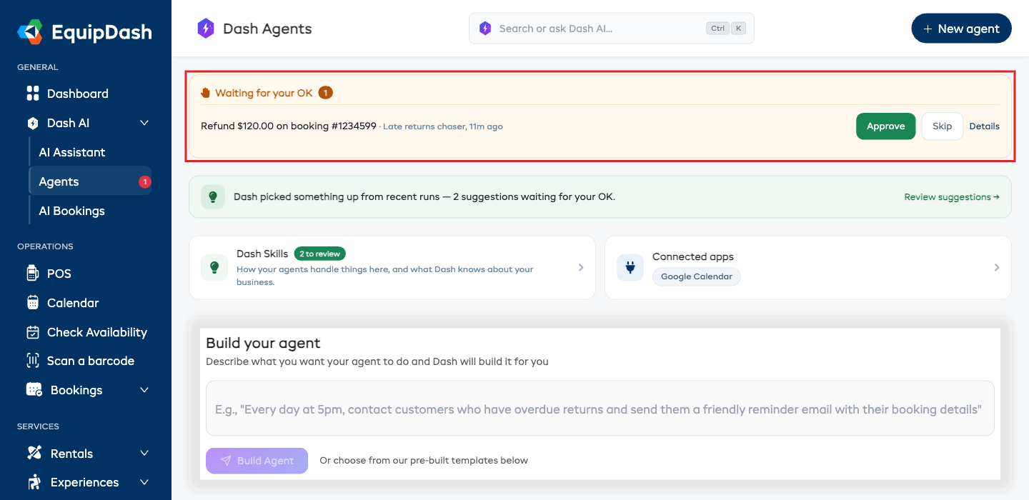 The Waiting for your OK box on the Agents page, with Approve, Skip and Details on each row