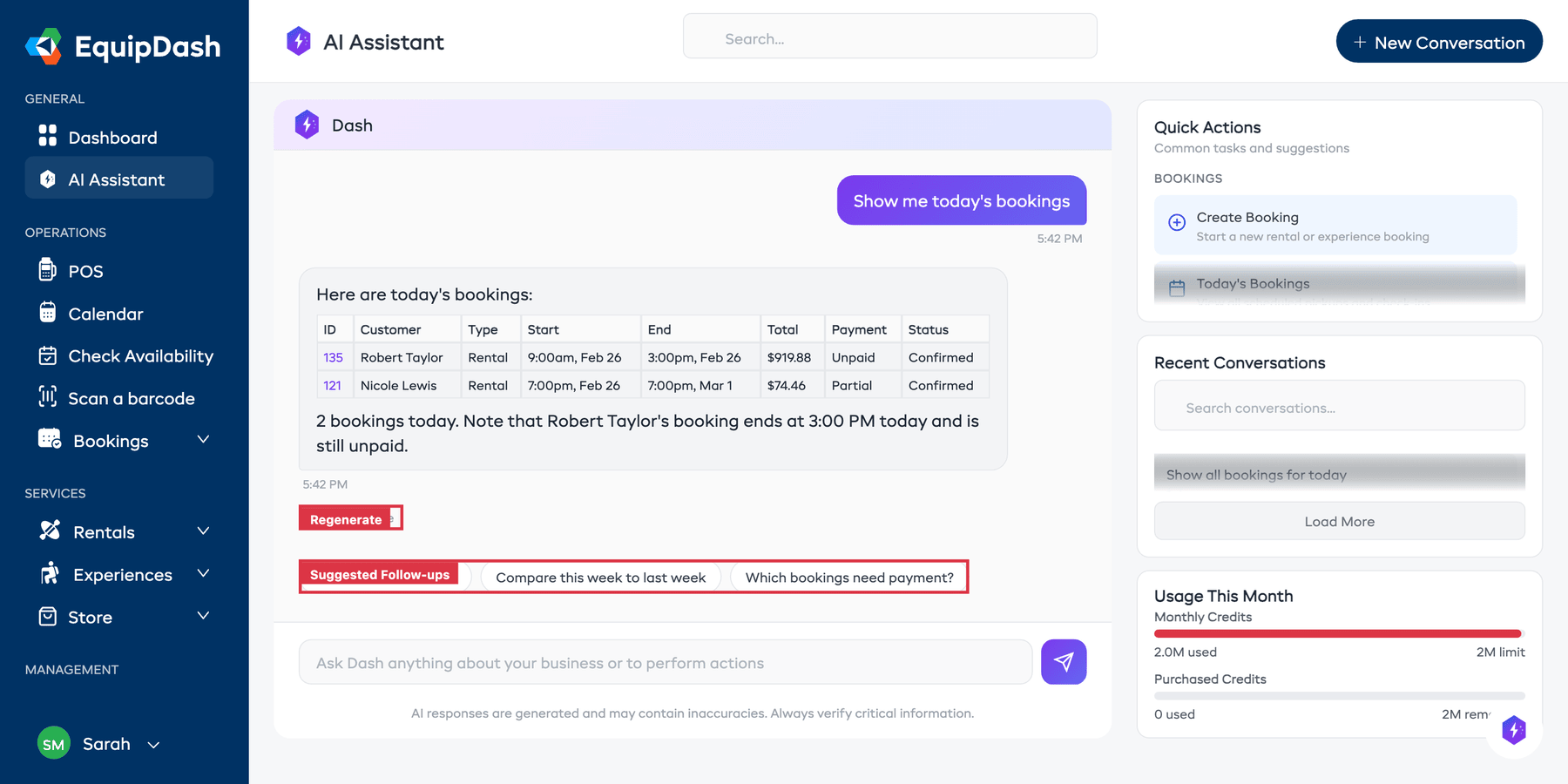 The AI Assistant showing a conversation with suggested follow-up prompt buttons below the response