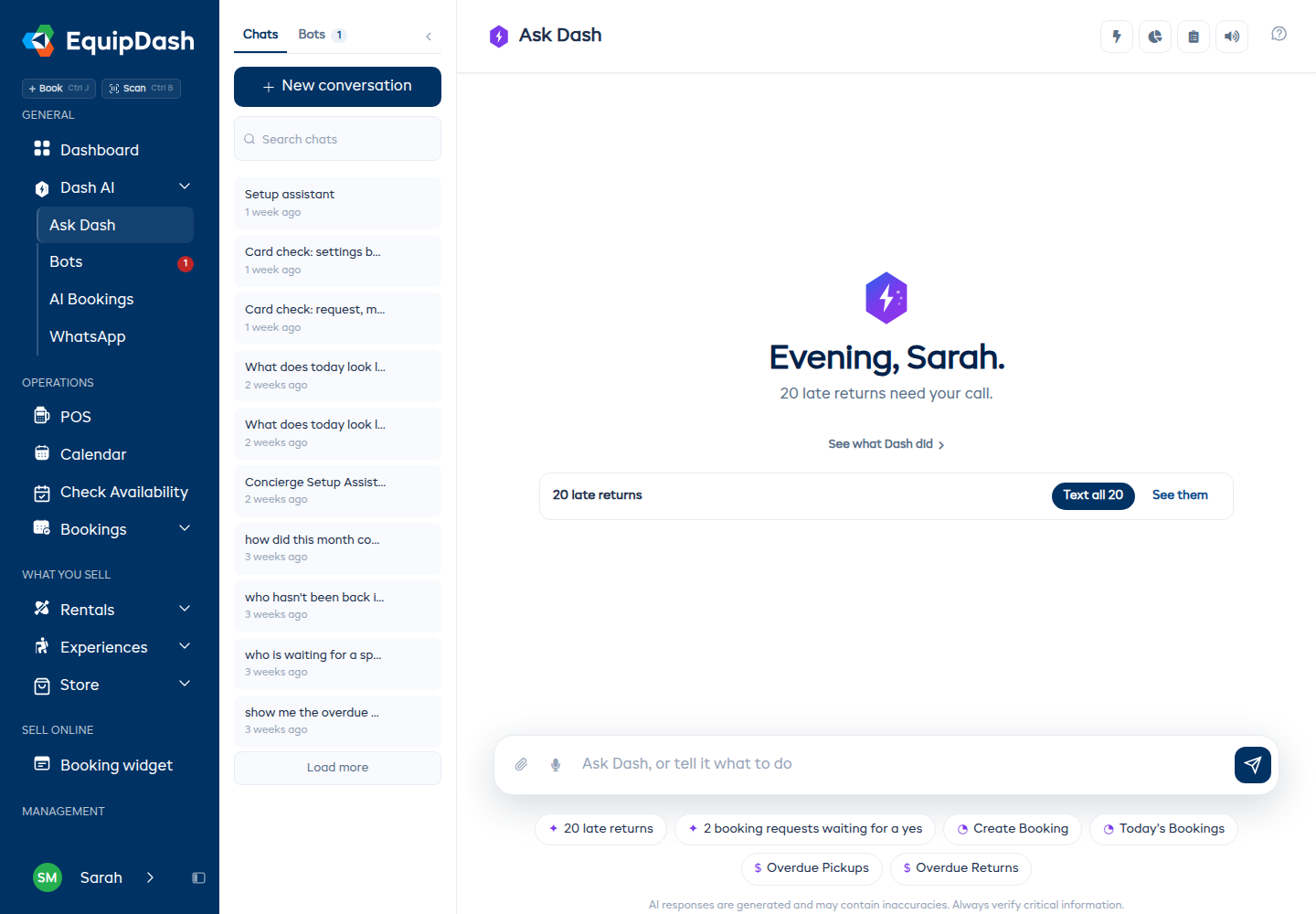 The AI Assistant full-page interface showing the welcome message, quick actions panel, recent conversations, and usage display