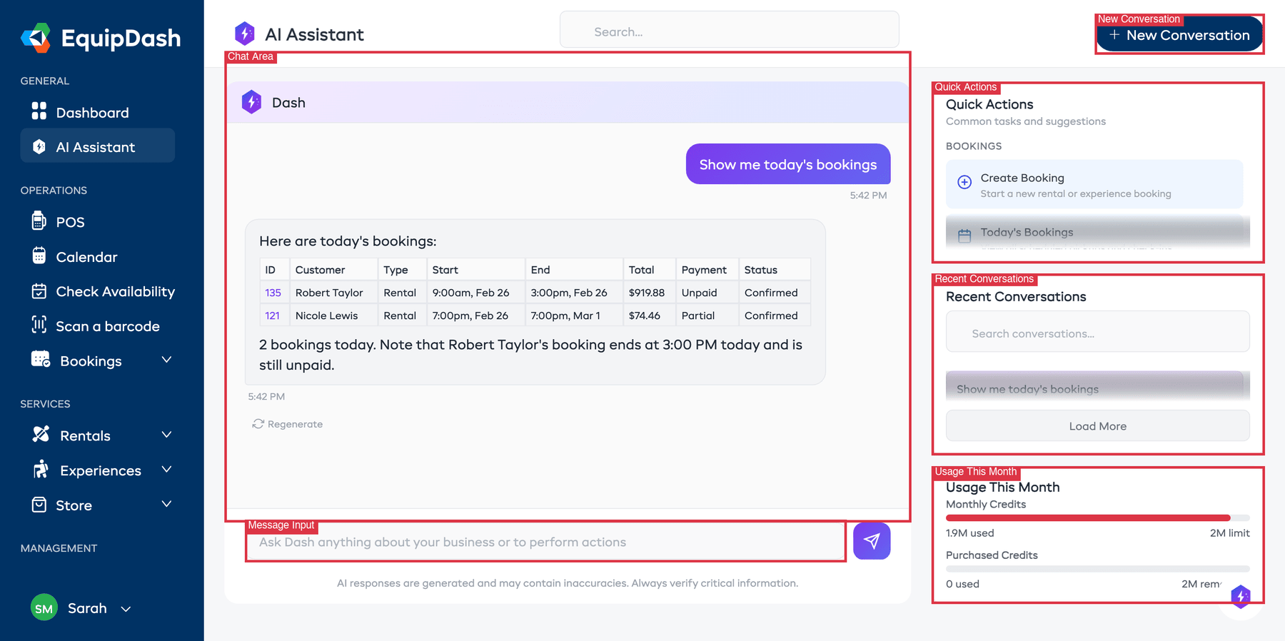 The AI Assistant full-page interface showing the welcome message, quick actions panel, recent conversations, and usage display