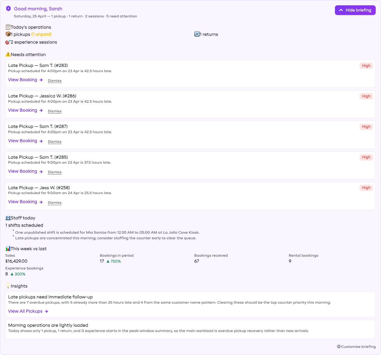 The expanded Morning Briefing showing today's operations, items needing attention with View Booking links, staff scheduling, week-over-week comparison, and AI insights