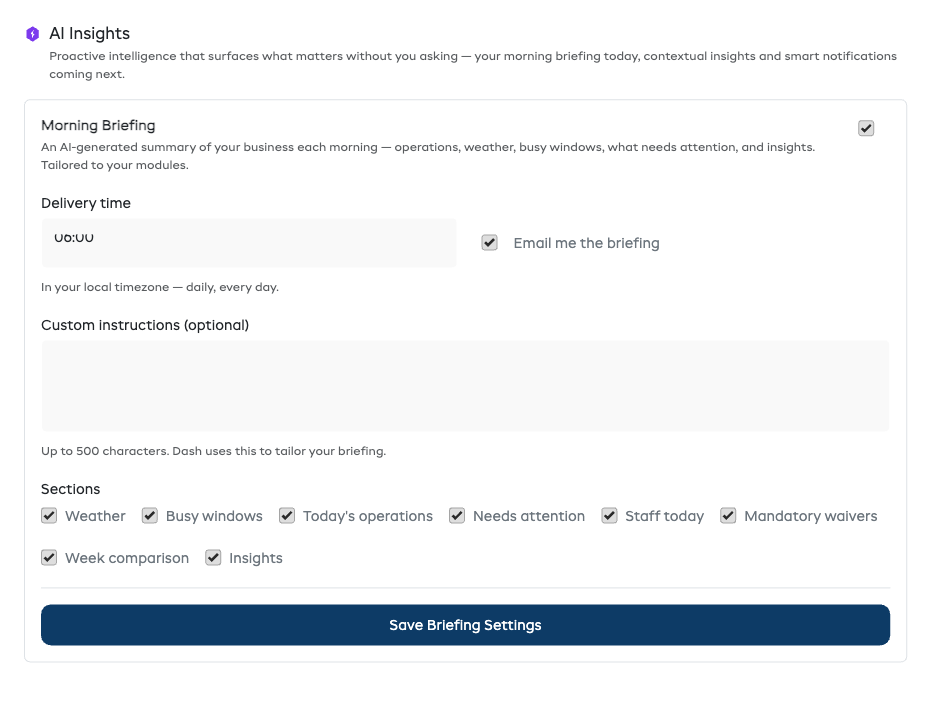 The AI Insights settings panel with toggles for Morning Briefing, delivery time, email opt-in, custom instructions, and section checkboxes