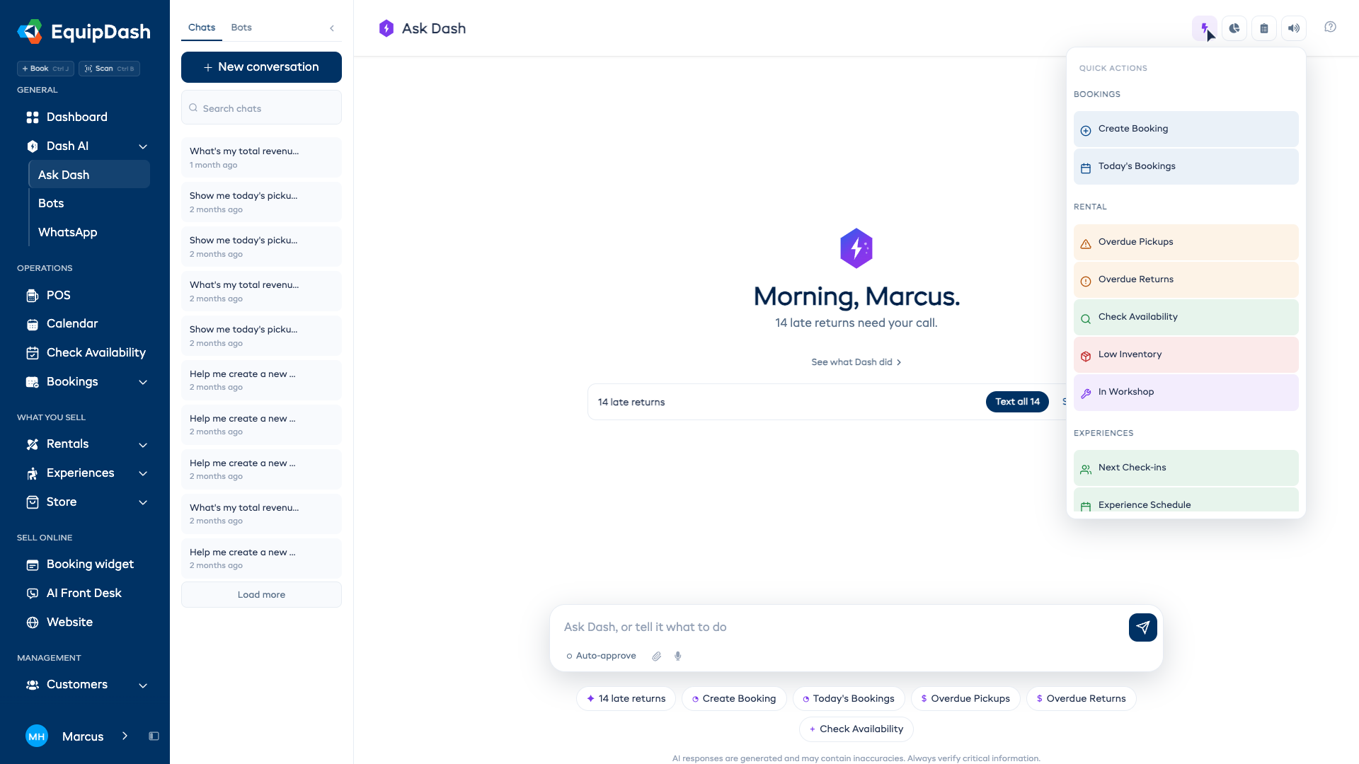 The Quick actions menu opened from the Ask Dash header