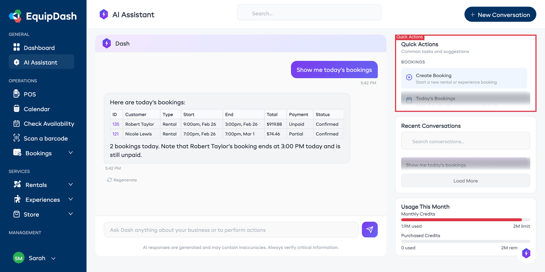 The quick actions panel on the right side of the AI Assistant full-page view, showing category headings and action cards
