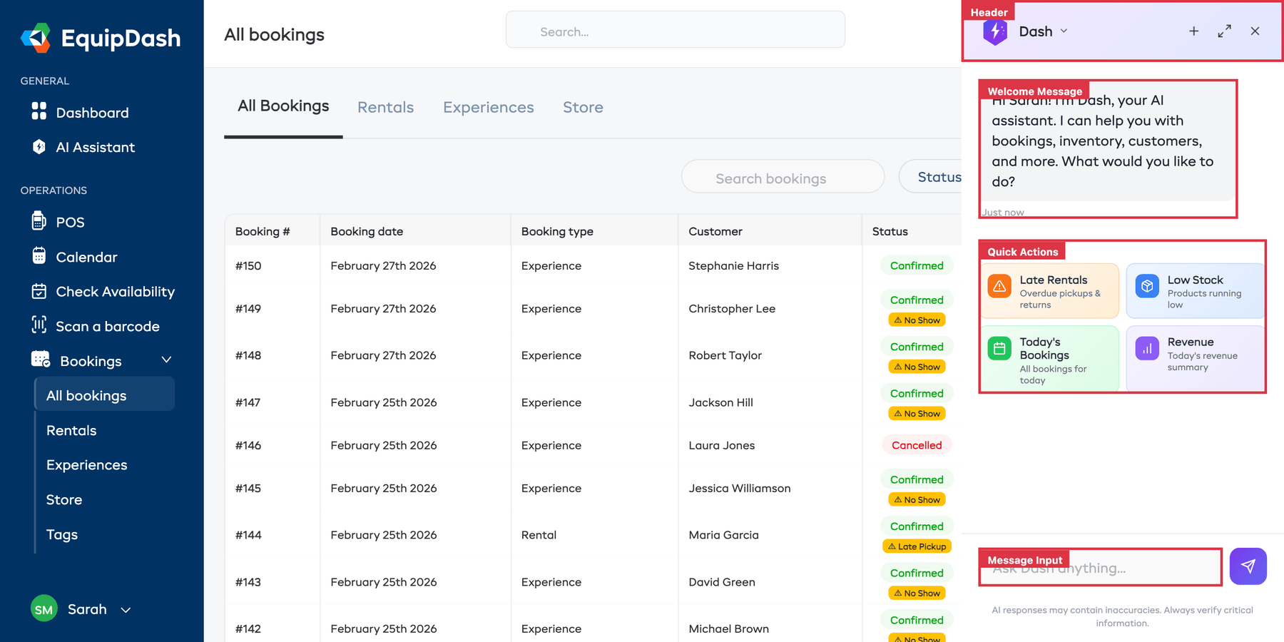 The AI Assistant sidebar panel open over the bookings page, showing the welcome message, four quick action cards, and the message input