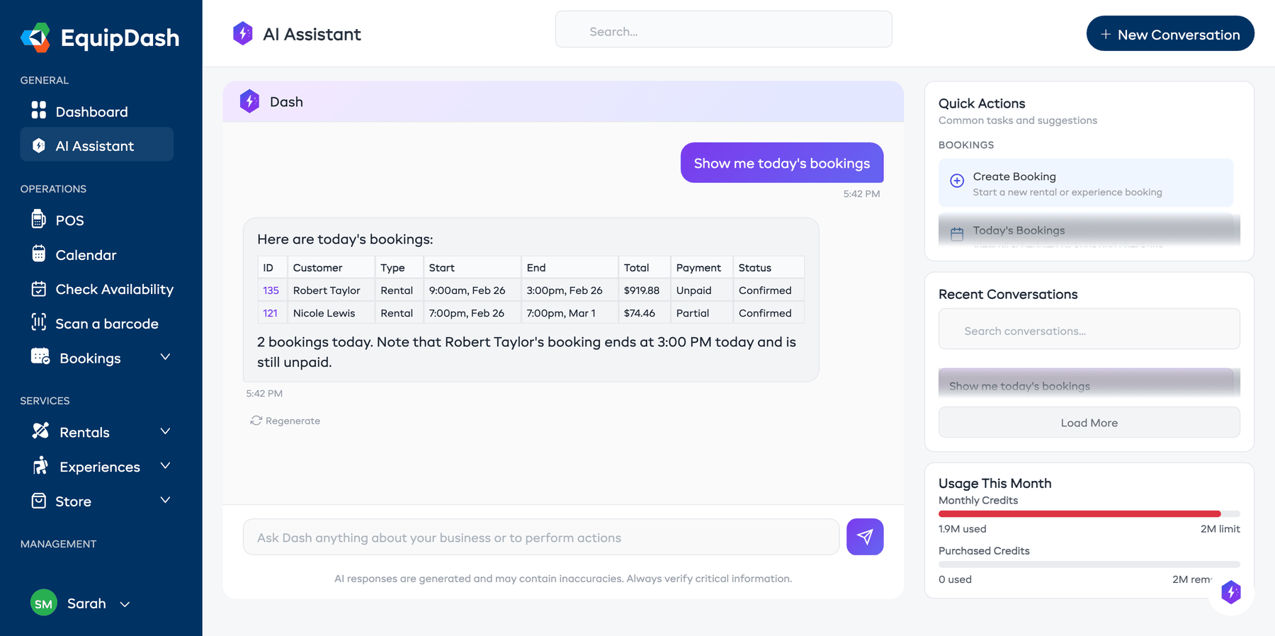 The full-page AI Assistant view showing the Dash welcome message, quick actions panel on the right, recent conversations, usage tracking, and the message input at the bottom