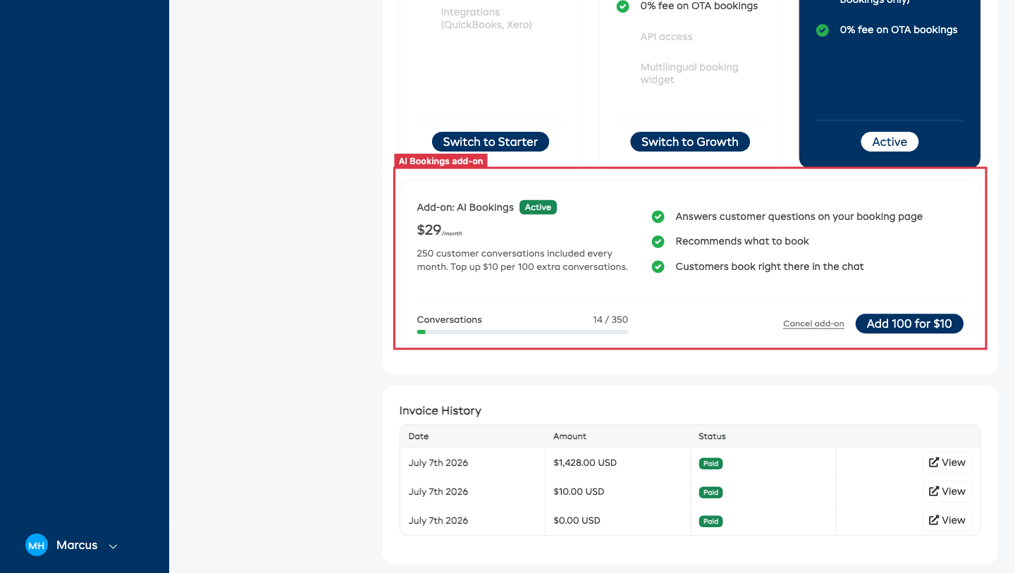 The AI Bookings add-on panel on the Billing &amp; plan page