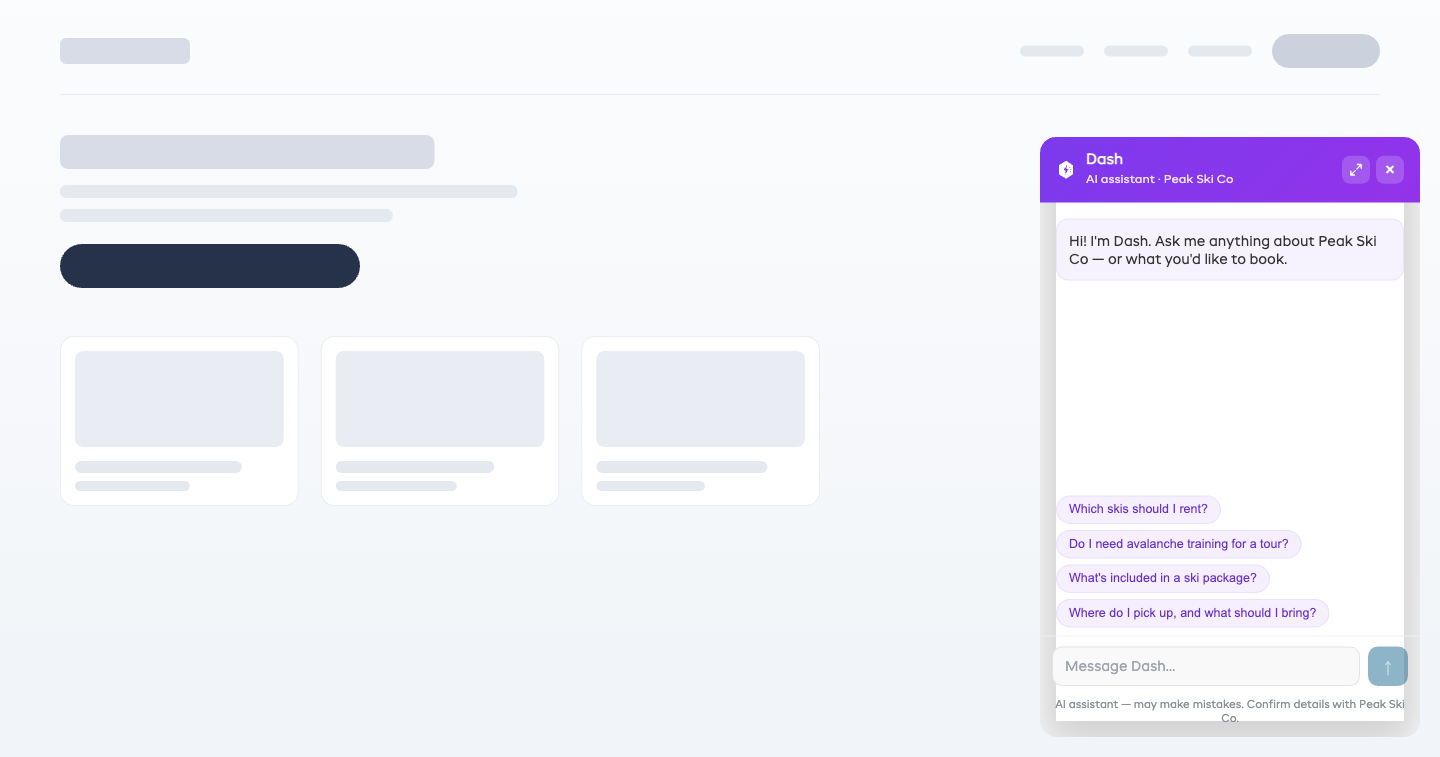 The AI Bookings chat open on a website, showing the greeting and starter questions