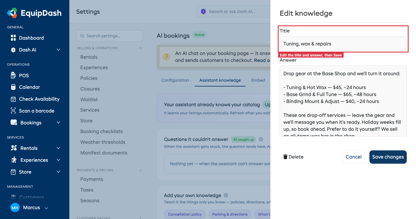 Editing a saved knowledge answer in the side panel