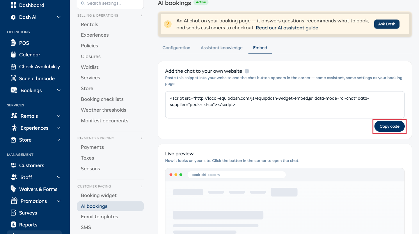 The Embed tab showing the snippet, copy button, and a live preview of the chat on a website