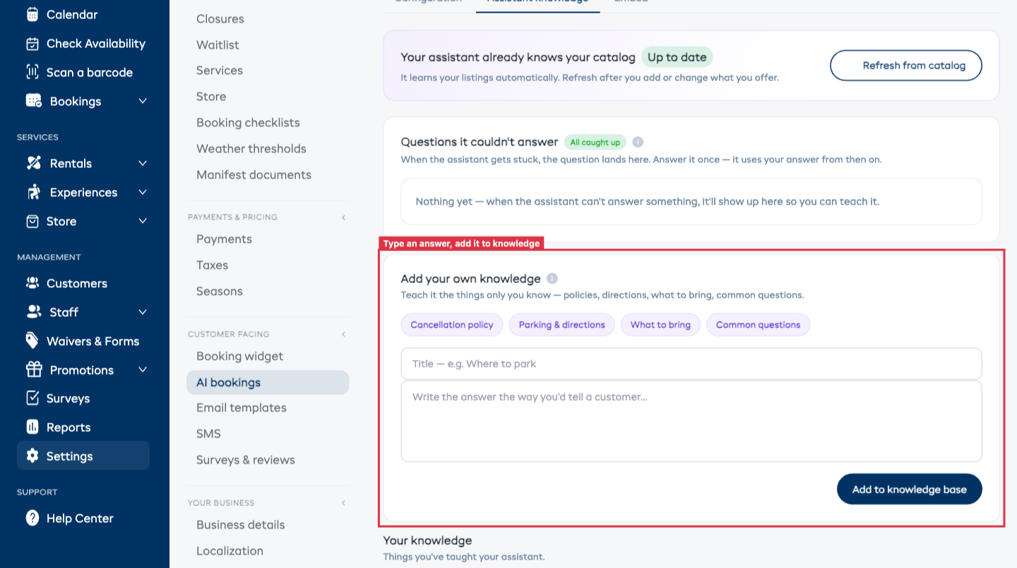 The Assistant knowledge tab showing the catalog status, questions it could not answer, and the add-knowledge form