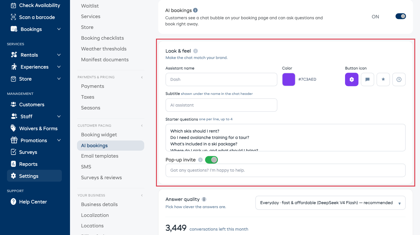 The Look and feel card with name, color, button icon, subtitle, starter questions, and pop-up invite