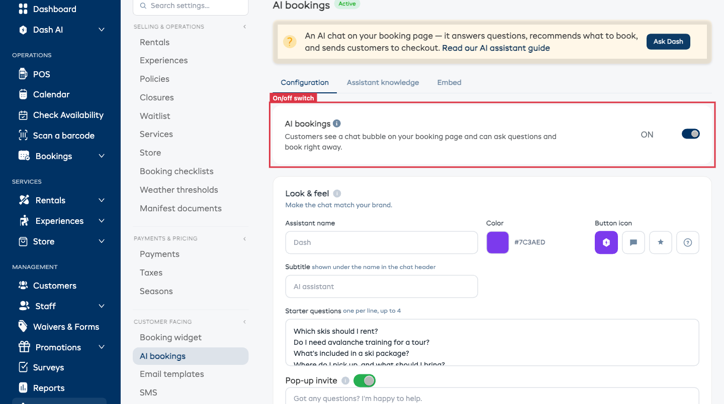 The AI bookings master on/off switch on the Configuration tab