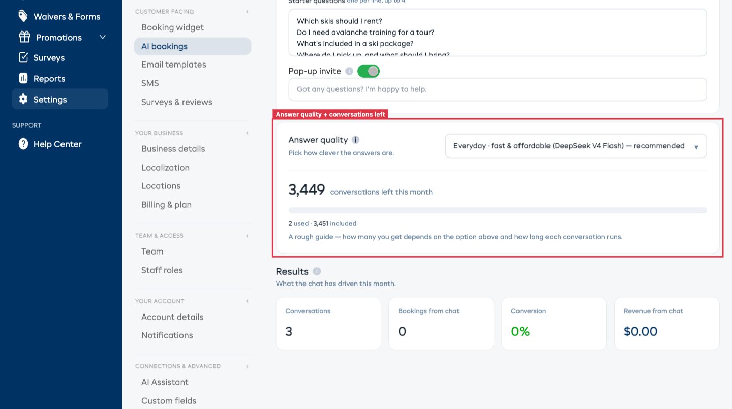 The Answer quality setting and the conversations-remaining meter