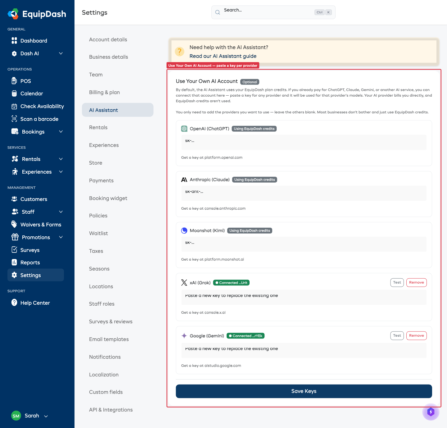 The Use Your Own AI Account card with five provider rows, each showing the provider logo, status badge, and a password input for the API key