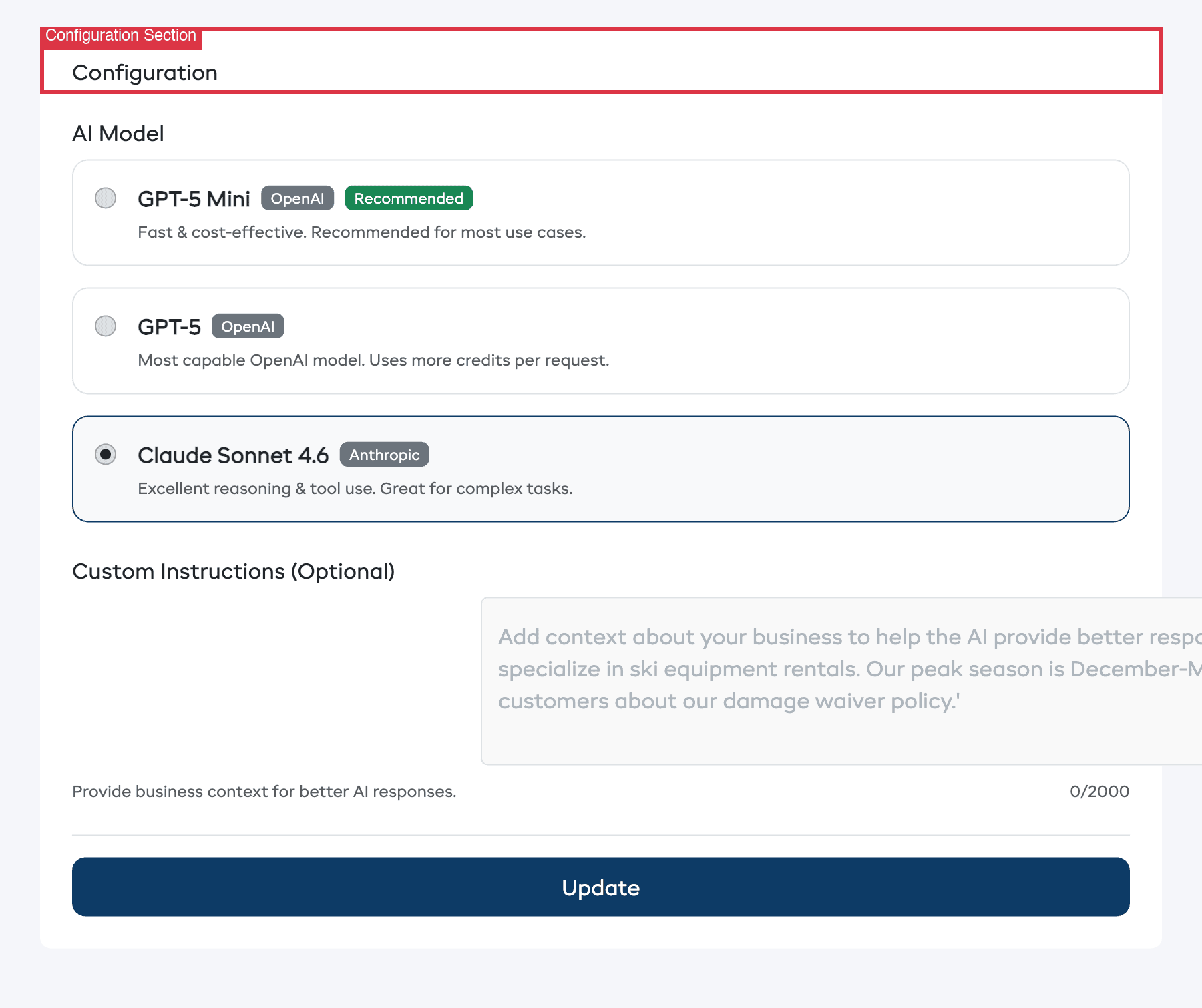 The Configuration section of the AI Assistant settings showing the AI Model selector with GPT-5 Mini, GPT-5, and Claude Sonnet 4.6 options, and the Custom Instructions text area