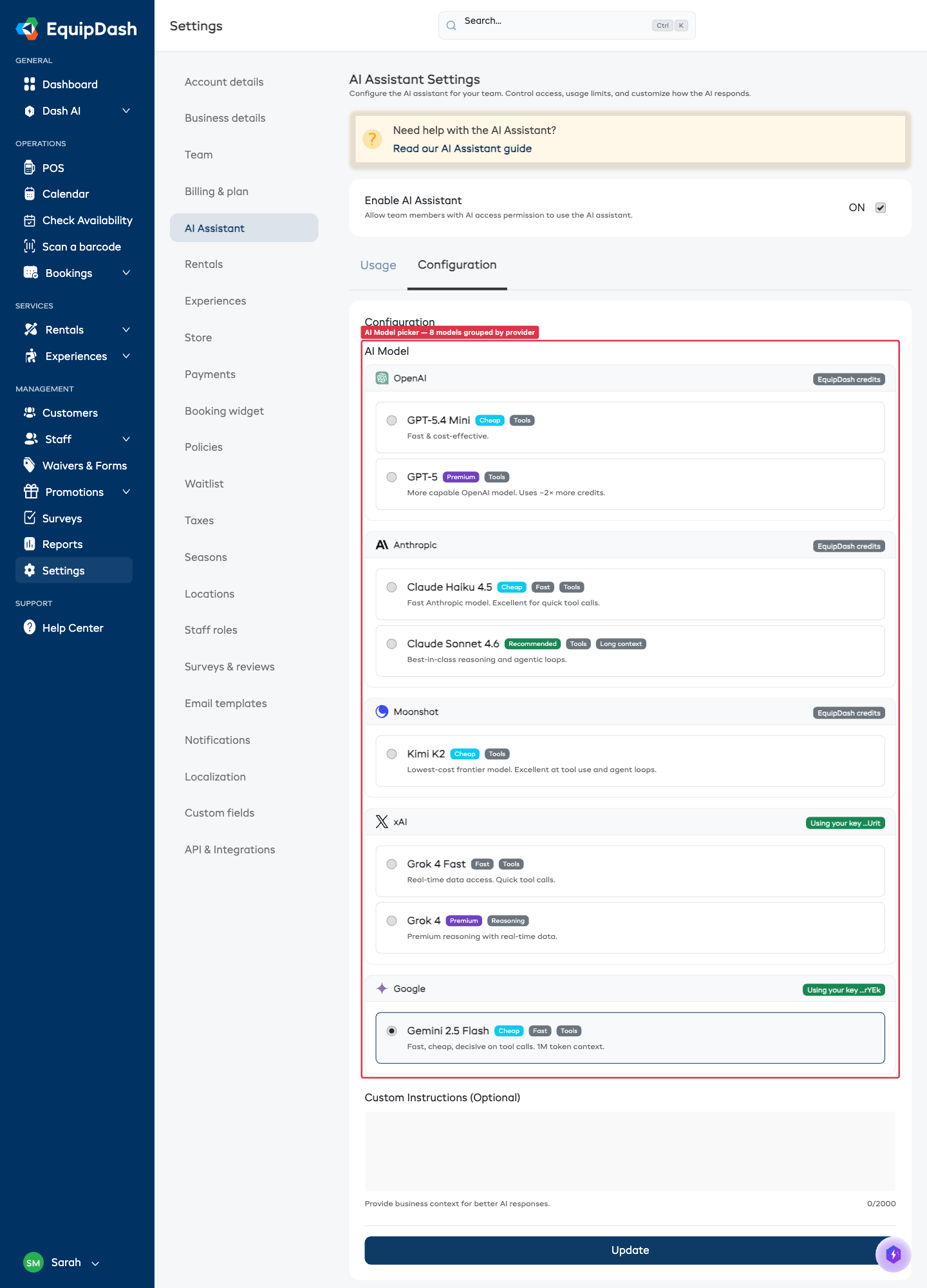 The AI Model picker on the Configuration tab showing all eight models grouped by provider — OpenAI, Anthropic, Moonshot, xAI, and Google
