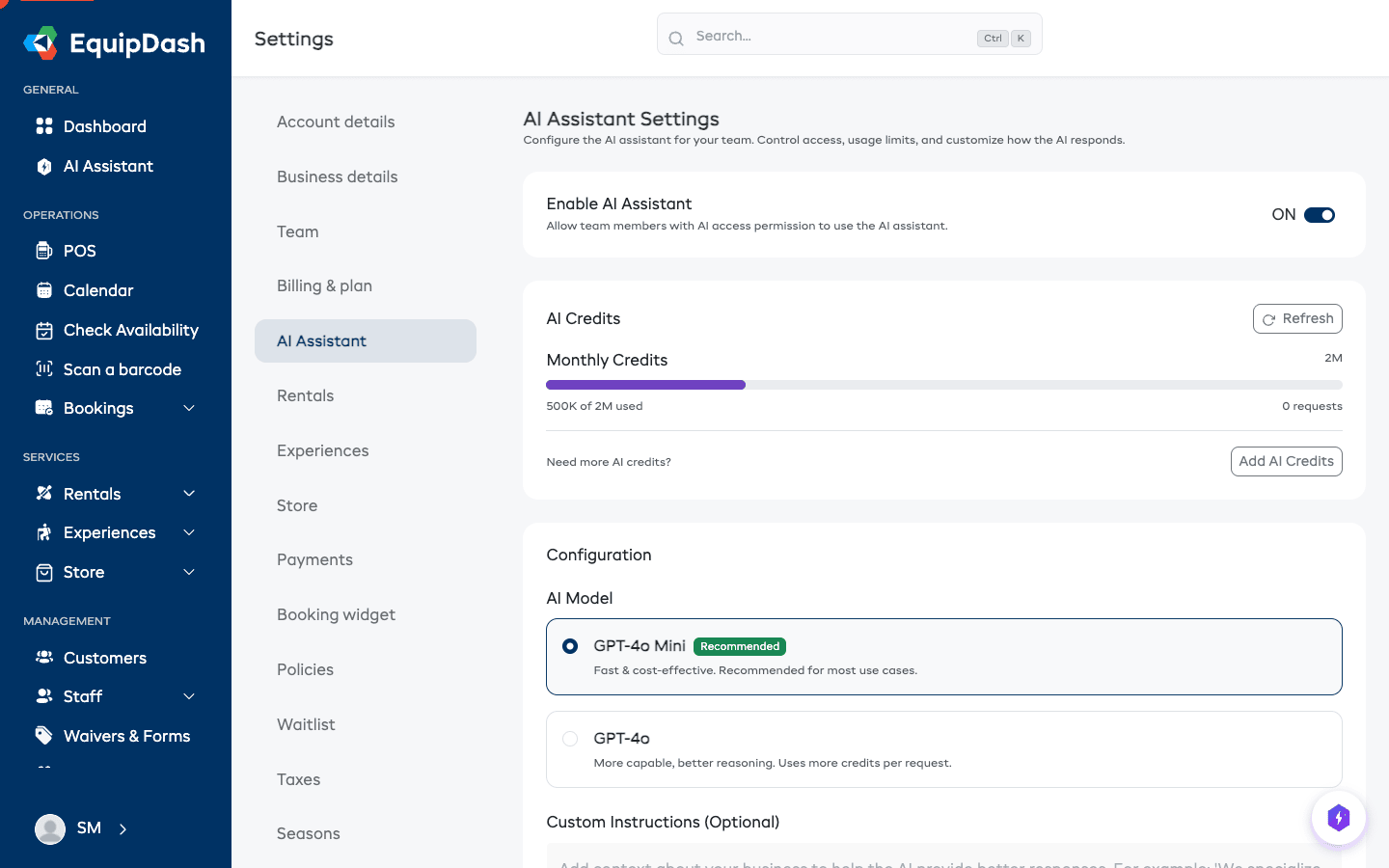 The AI Credits section on the AI Assistant Settings page showing monthly and purchased credits