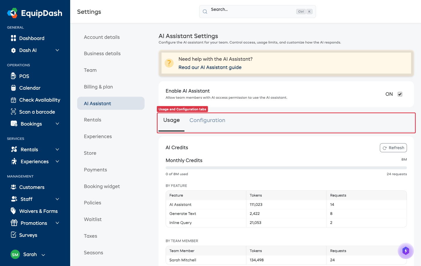 The AI Assistant Settings page showing the Usage and Configuration tab navigation