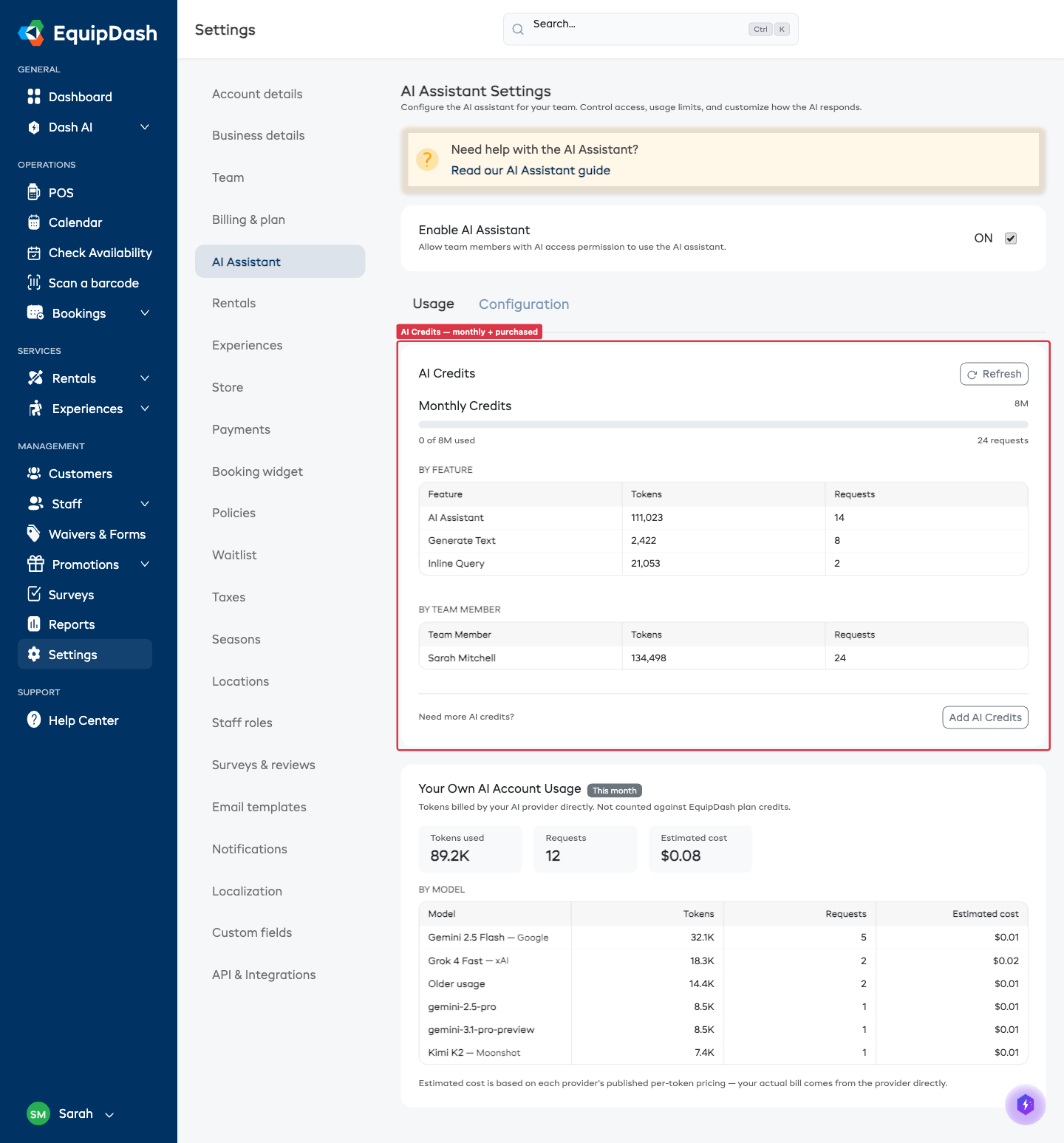 The Usage tab on AI Assistant Settings showing monthly credit balance, purchased credits, and the usage breakdown cards