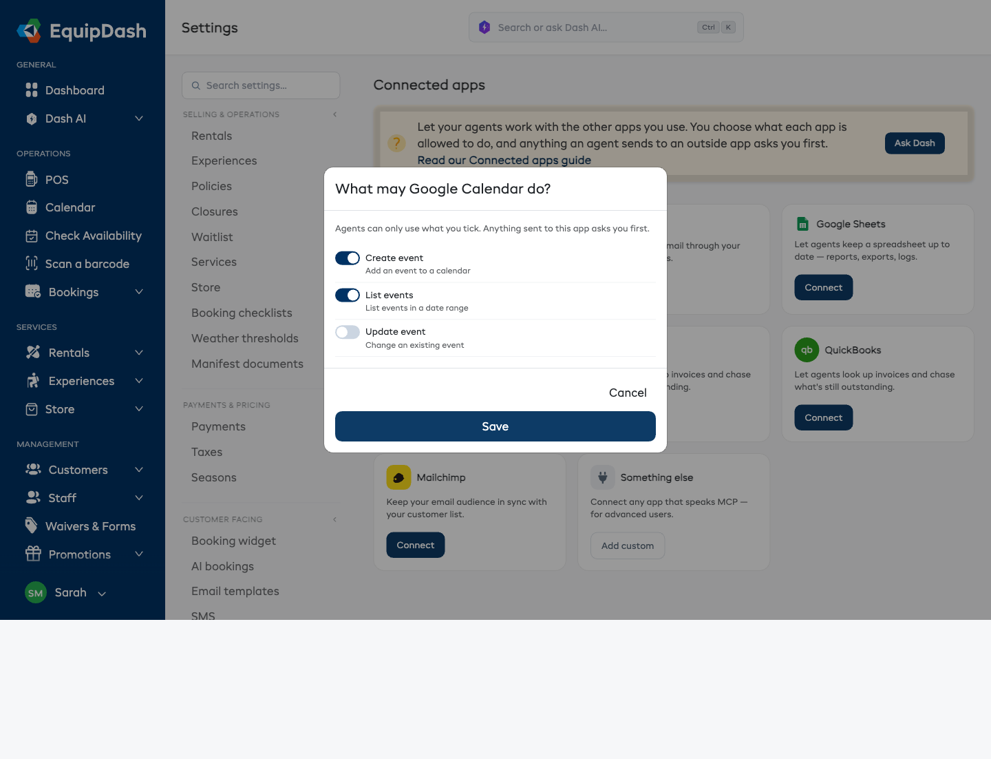 Choosing what a connected app is allowed to do — agents can only use what you tick