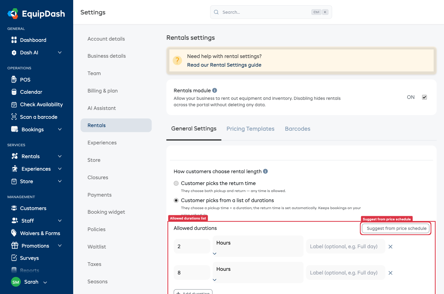 The Allowed durations list with two rows (2 Hours and 8 Hours) and the Suggest from price schedule button highlighted