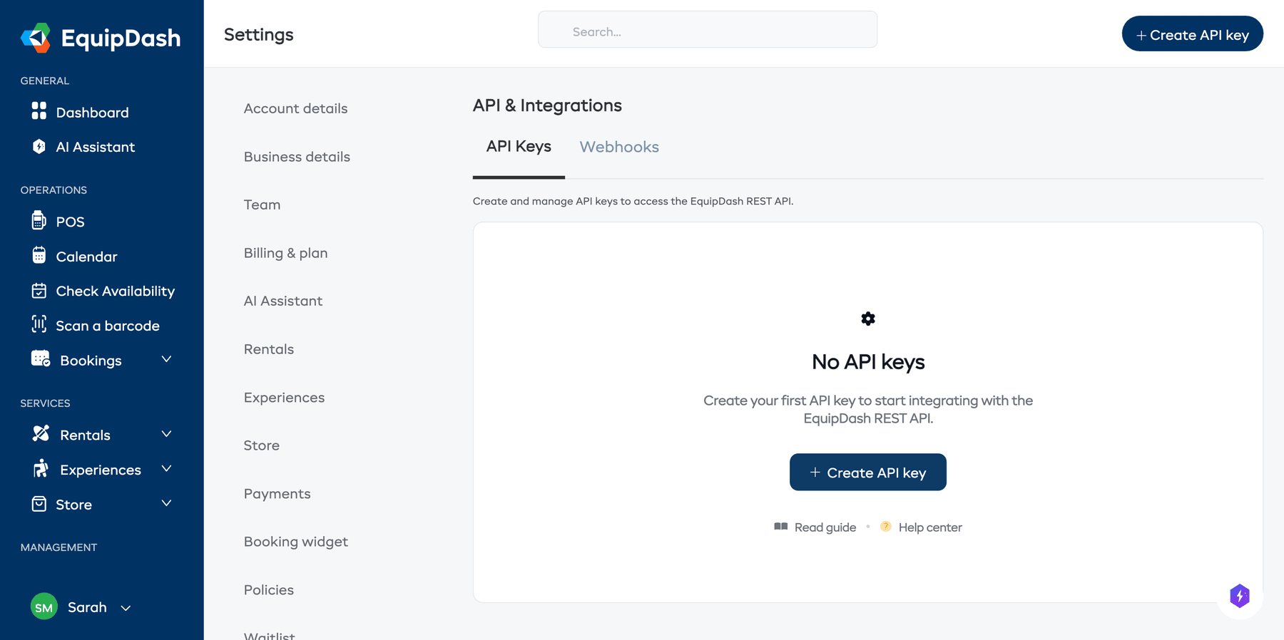 The API & Integrations settings page