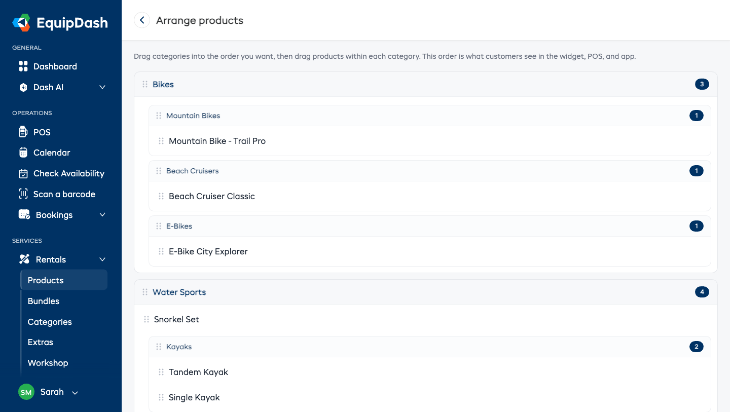 The Arrange order screen showing draggable categories and products