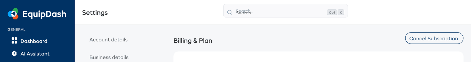 The Billing & Plan page with the Cancel Subscription button in the top right corner