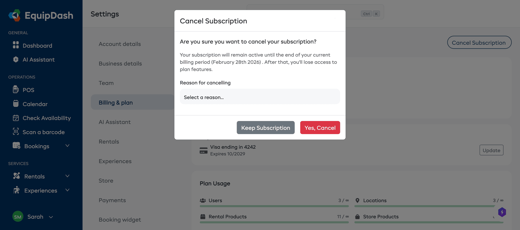 The Cancel Subscription confirmation modal with reason dropdown and confirmation buttons
