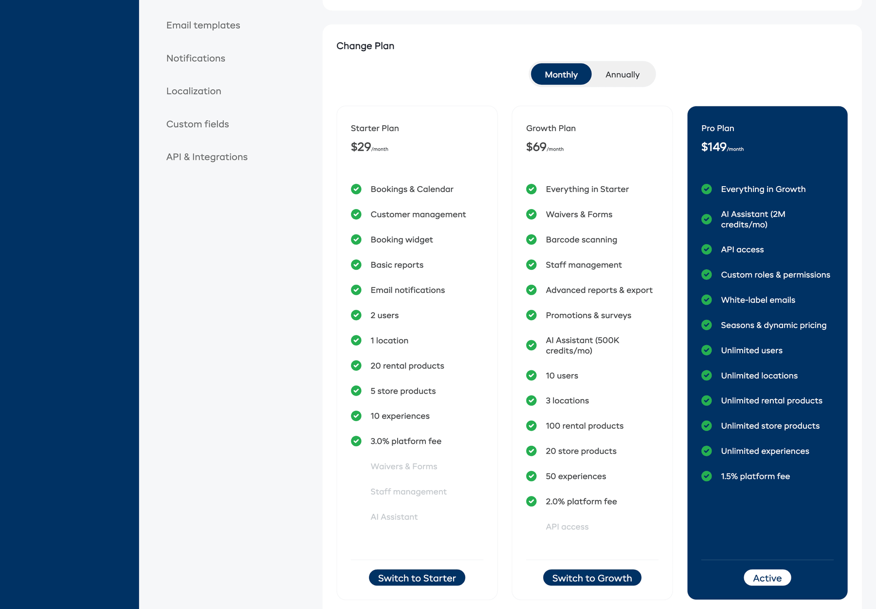 The Change Plan section showing plan comparison cards with features, pricing, and Switch buttons